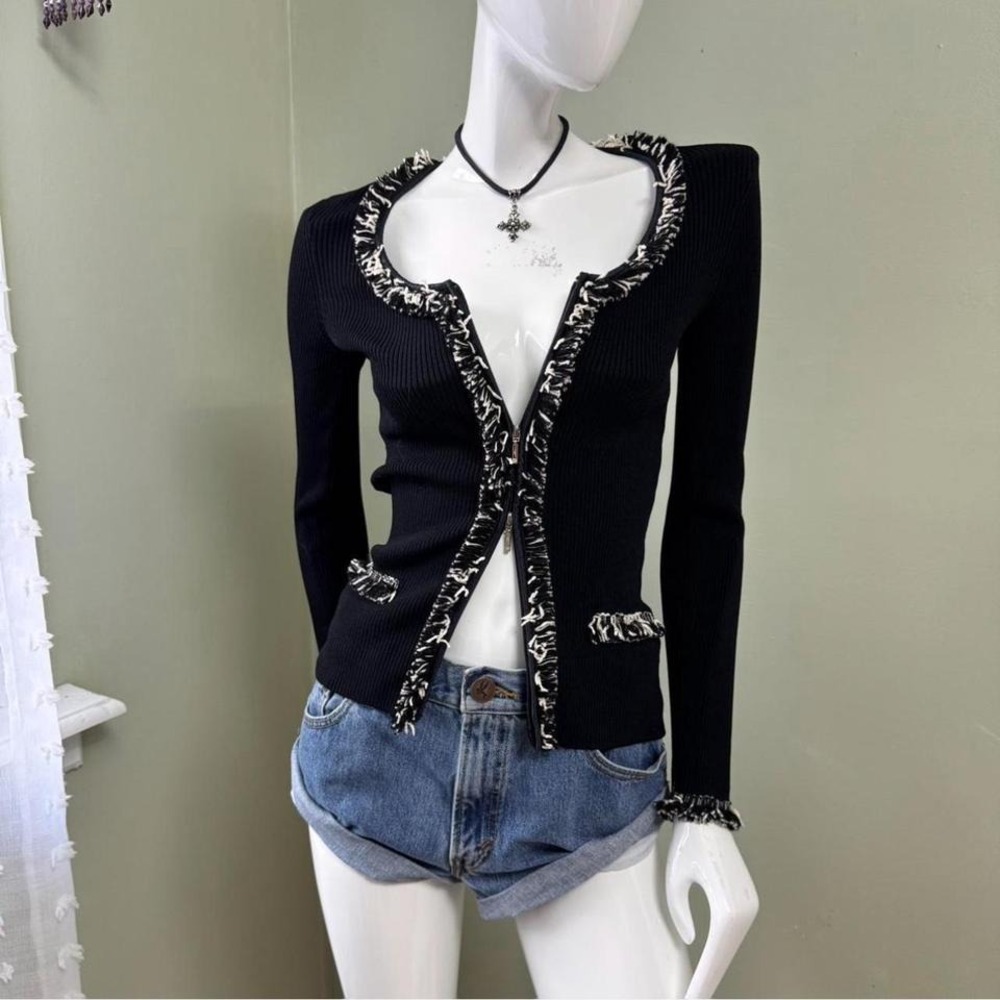 NWT Caché Black Fringe Trim Cardigan Slim Fit Double Zip Y2K‎